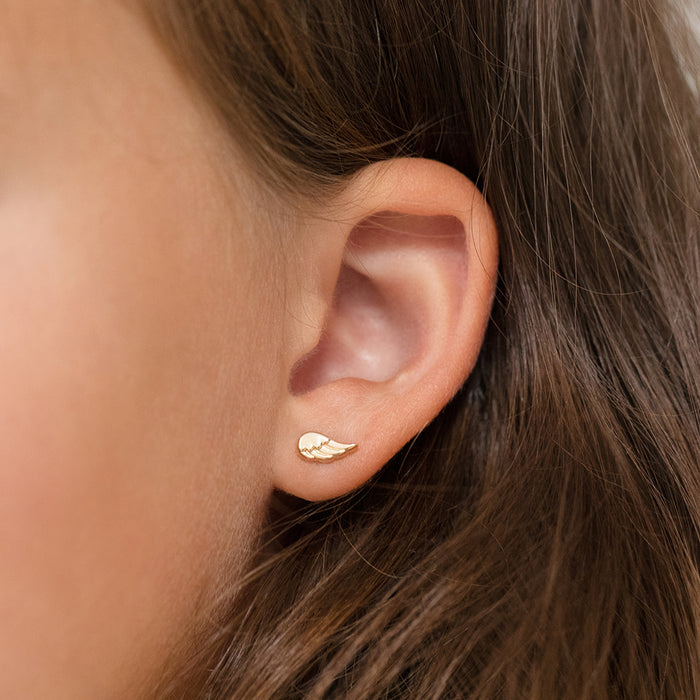 14k Gold Angel Wings Girls / Teen Earrings Safety Screw Back