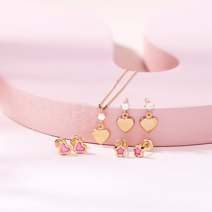 14k Gold CZ Heart Dangle Kids / Children's / Girls Earrings