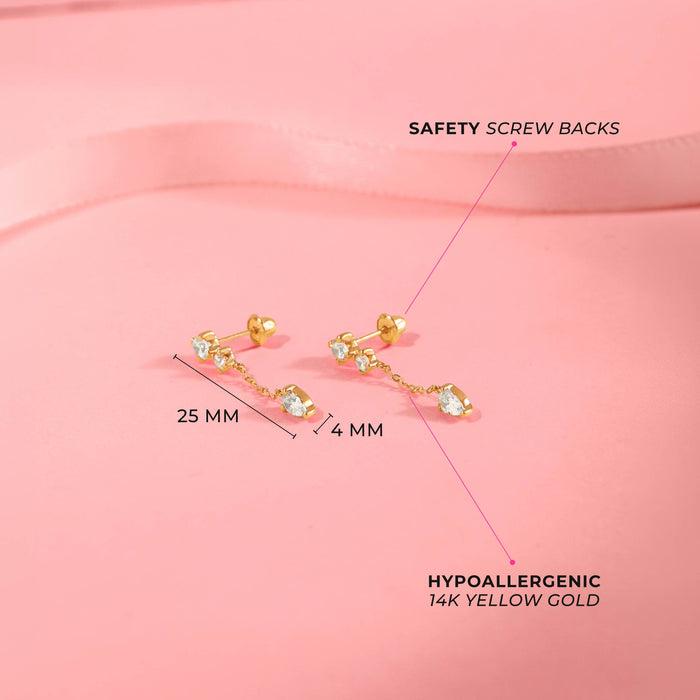 14k Gold Dangle CZ Kids / Children's / Girls Earrings Safety Screw Back