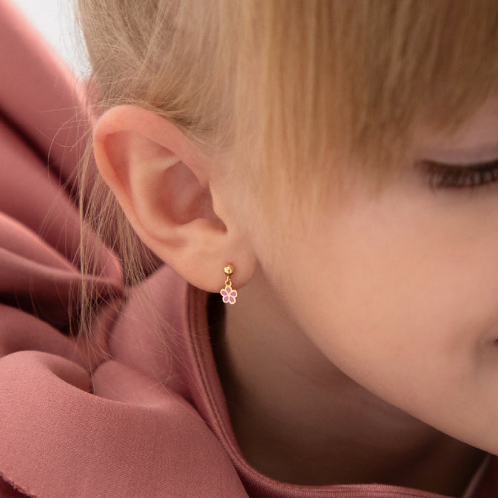14k Gold Dangle Enamel Flower Kids / Children's / Girls Earrings Safety Screw Back