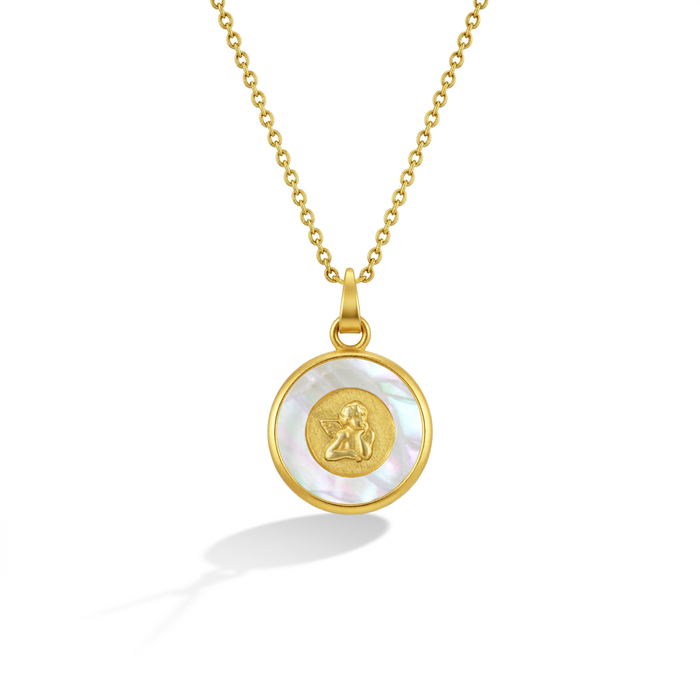 14k Gold Guardian Angel Medal Mother of Pearl Baby / Toddler / Kids Pendant