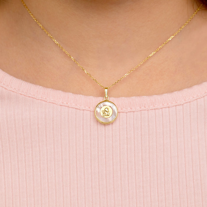 14k Gold Guardian Angel Medal Mother of Pearl Baby / Toddler / Kids Pendant