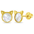 14k Gold Mother of Pearl Kitty Cat Kids / Children's / Girls Earrings Safety Screw Back
