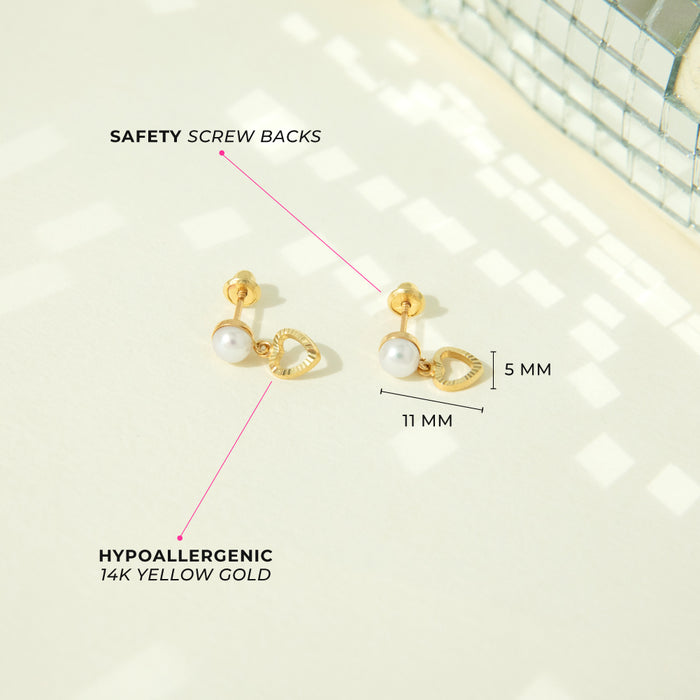 14k Gold Pearl Heart Dangle Kids / Children's / Girls Earrings Safety Screw Back