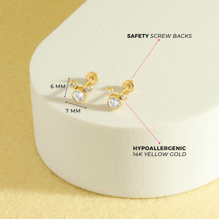 14k Gold Petite Mouse Clear CZ Kids / Children's / Girls Earrings Safety Screw Back