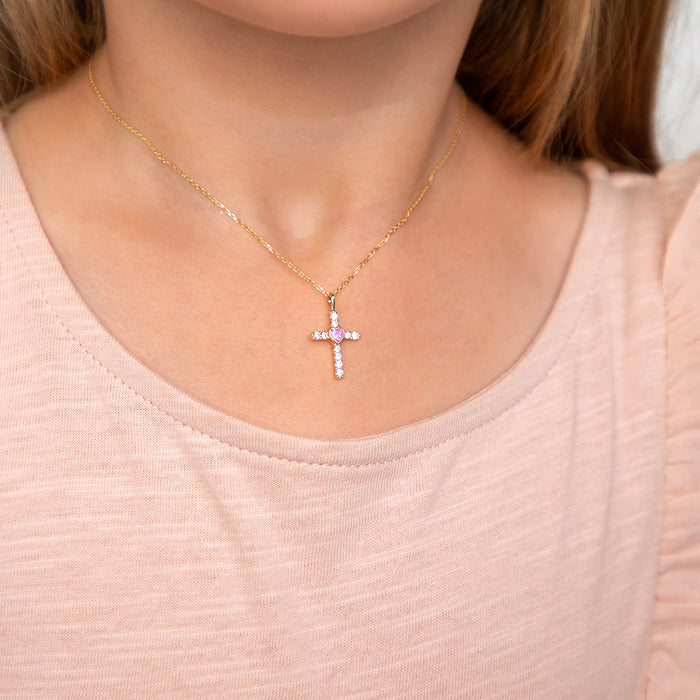 14k Gold Pink Heart Cross Baby / Toddler / Kids Pendant
