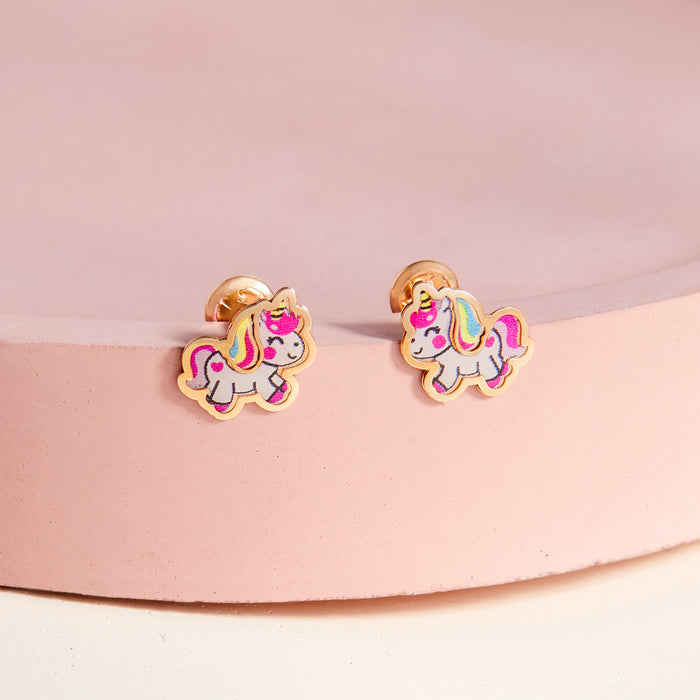 14k Gold Simply Unicorn Baby / Toddler / Kids Earrings Safety Screw Back Enamel