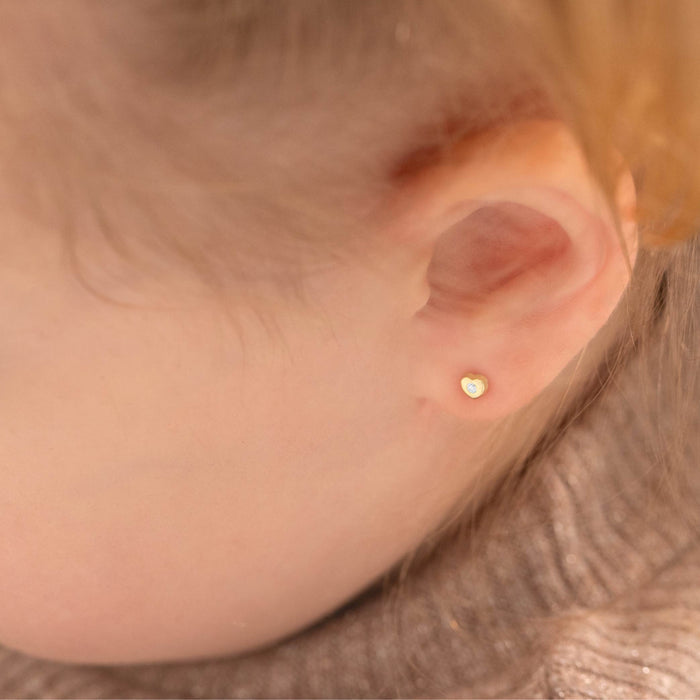 14k Gold Teenie Tiny CZ Heart 3mm Baby / Toddler / Kids Earrings Safety Screw Back