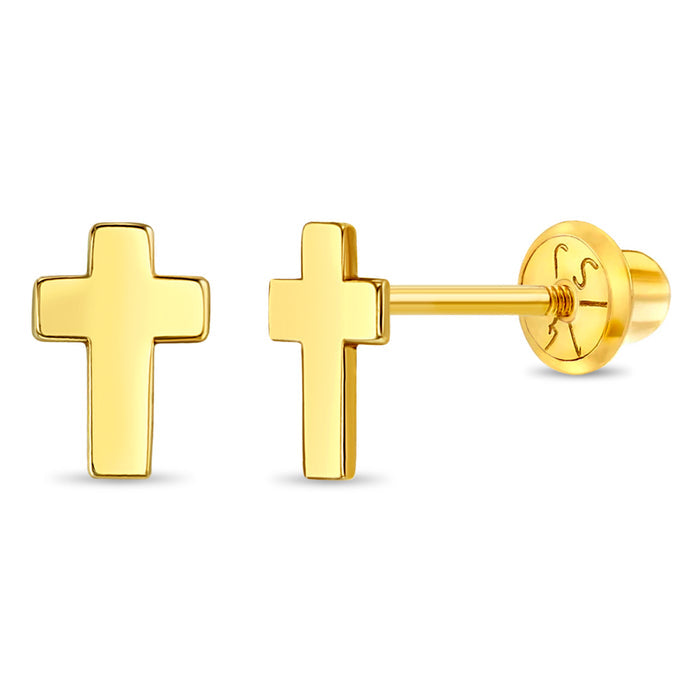 14k Gold Tiny Cross Baby / Toddler / Kids Earrings Safety Screw Back