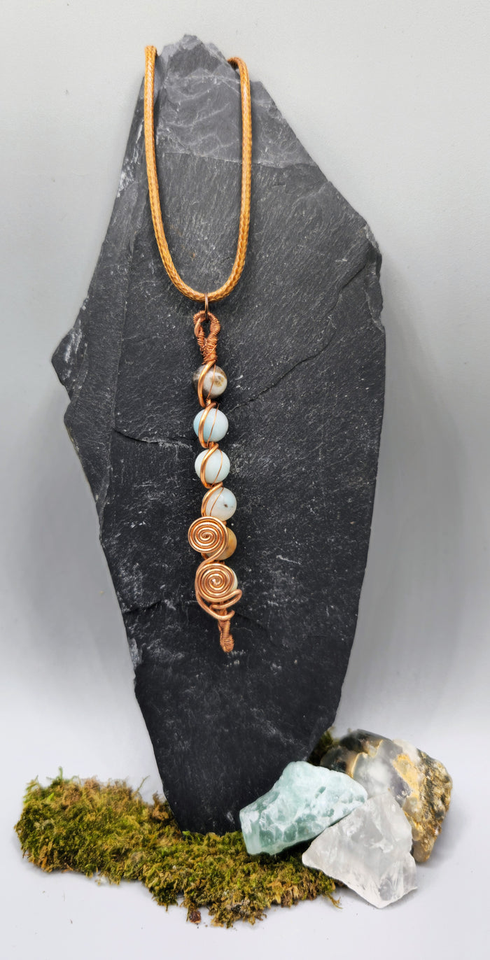 6 Amazonite beads, 2 spiral copper pendant