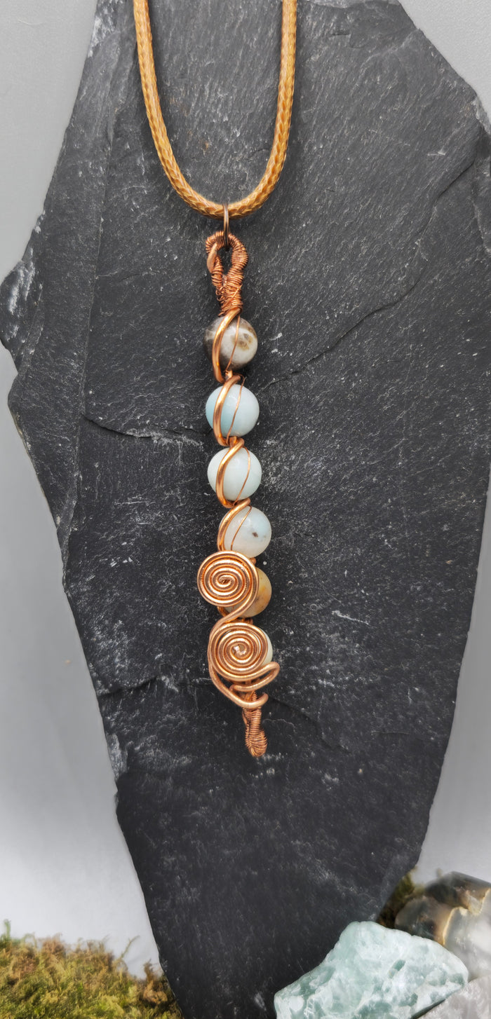 6 Amazonite beads, 2 spiral copper pendant