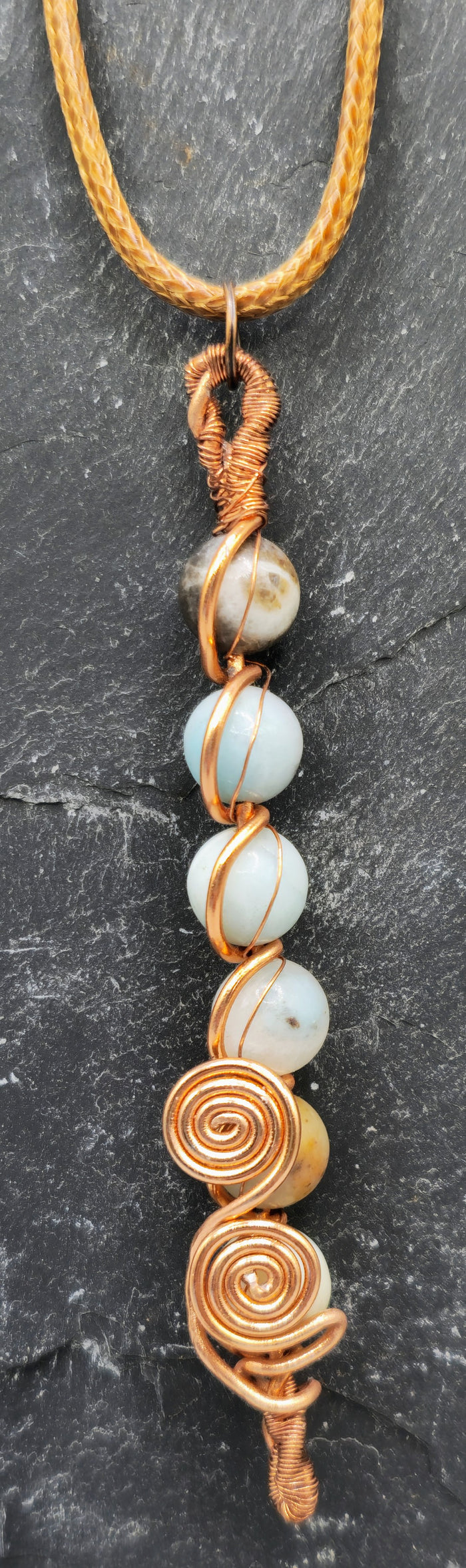 6 Amazonite beads, 2 spiral copper pendant