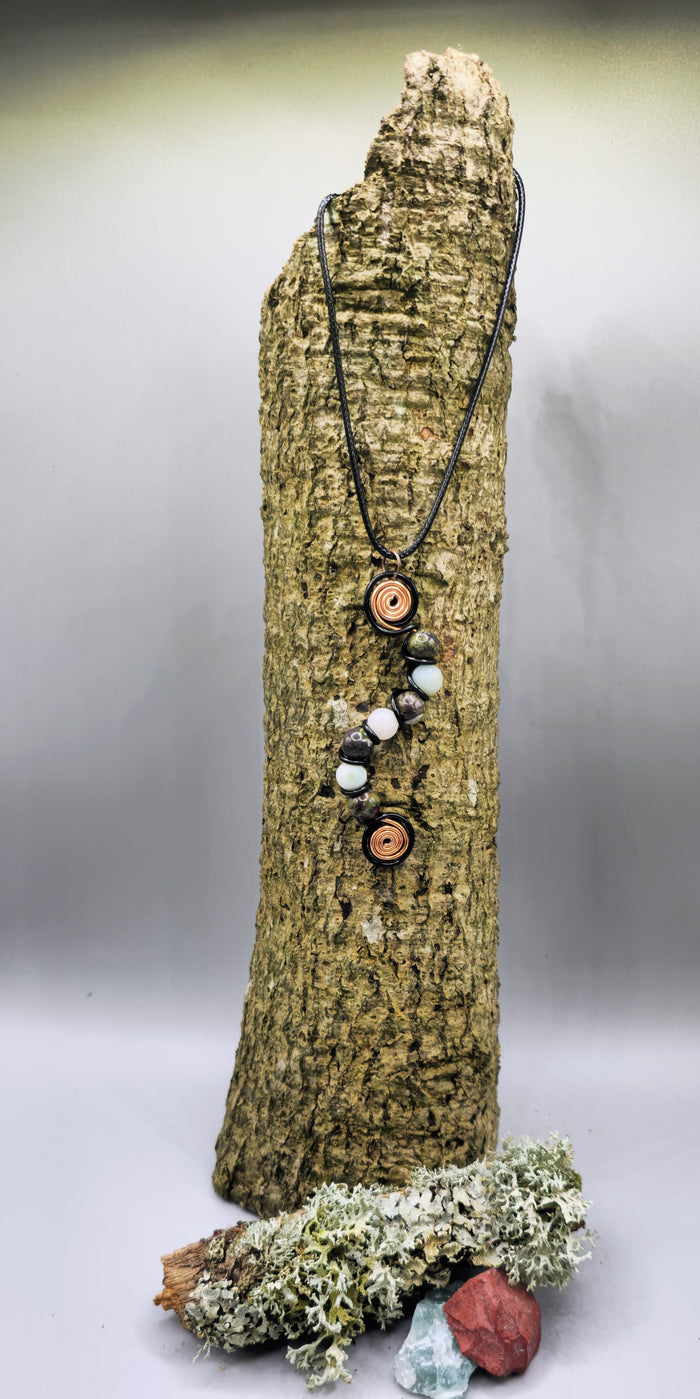 7 bead Dragon Blood and Moonstone wavy pendant