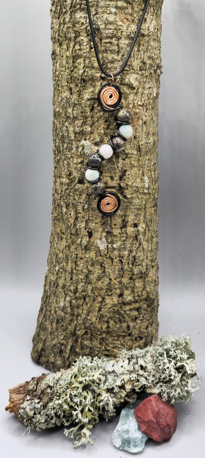 7 bead Dragon Blood and Moonstone wavy pendant