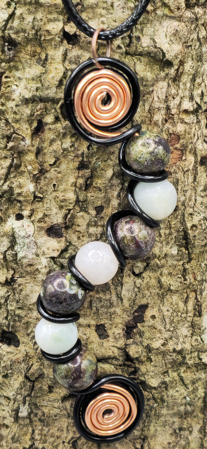 7 bead Dragon Blood and Moonstone wavy pendant