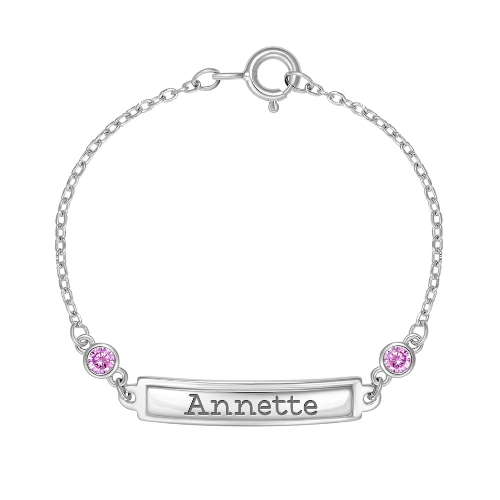 925 Sterling Silver 4.5" Baby Girl Tag ID Bracelet Pink Cubic Zirconias & Name Plate