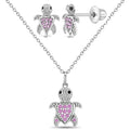 925 Sterling Silver Pink Cubic Zirconia Turtle Necklace Jewelry Set For Girls