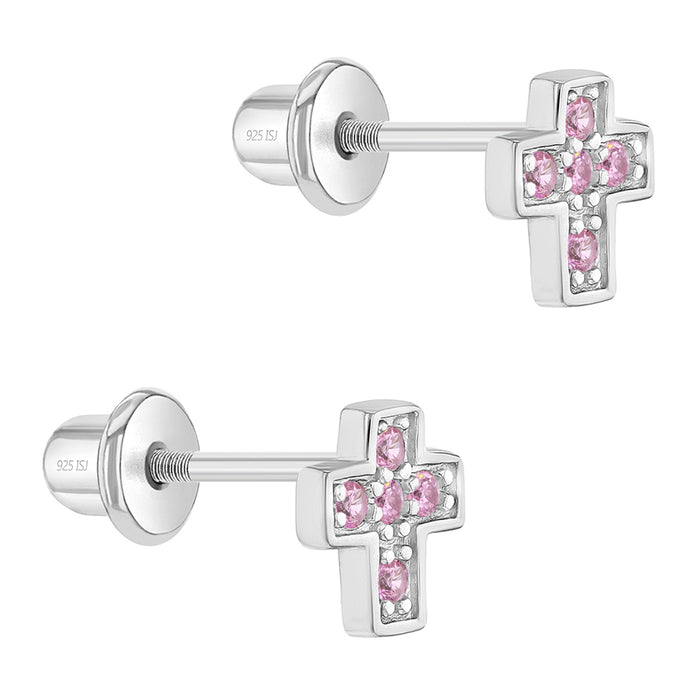 925 Sterling Silver Young Girl's Shiny Pink Cubic Zirconia Religious Cross Jewelry Set
