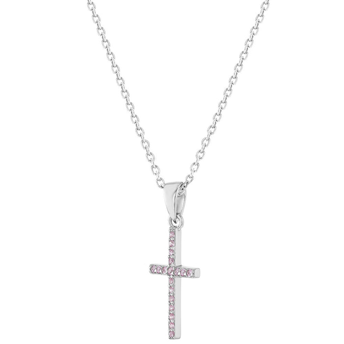 925 Sterling Silver Young Girl's Shiny Pink Cubic Zirconia Religious Cross Jewelry Set