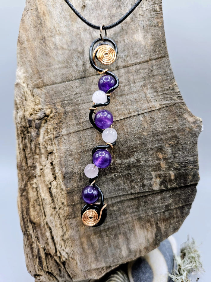 Amethyst and Rose Quartz squiggle pendant