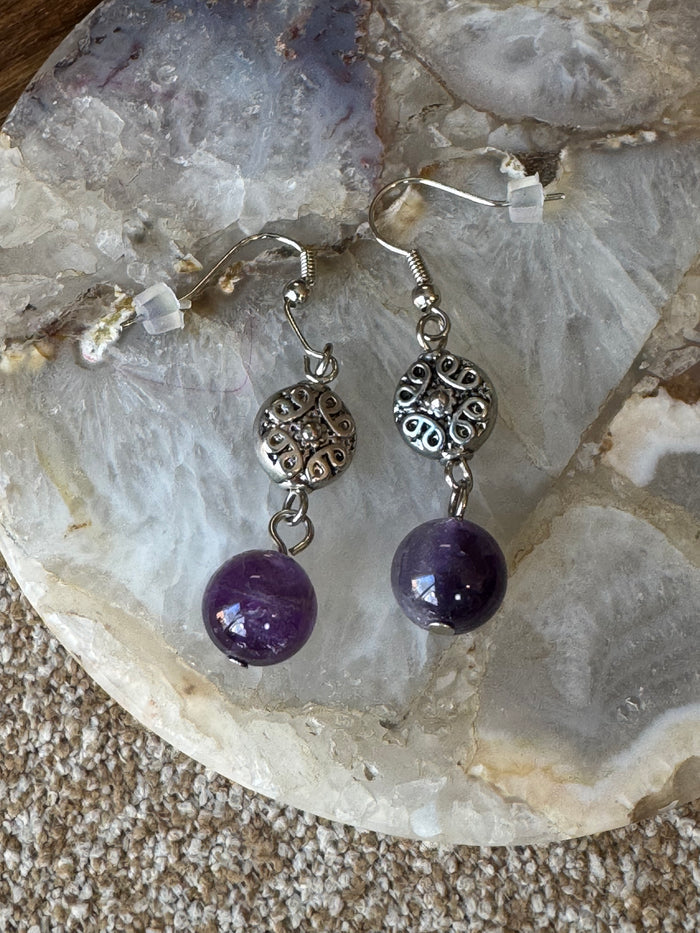 Amethyst Dangle Earrings with Silver-Tone Filigree