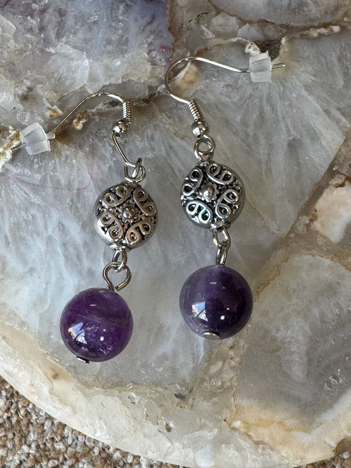 Amethyst Dangle Earrings with Silver-Tone Filigree
