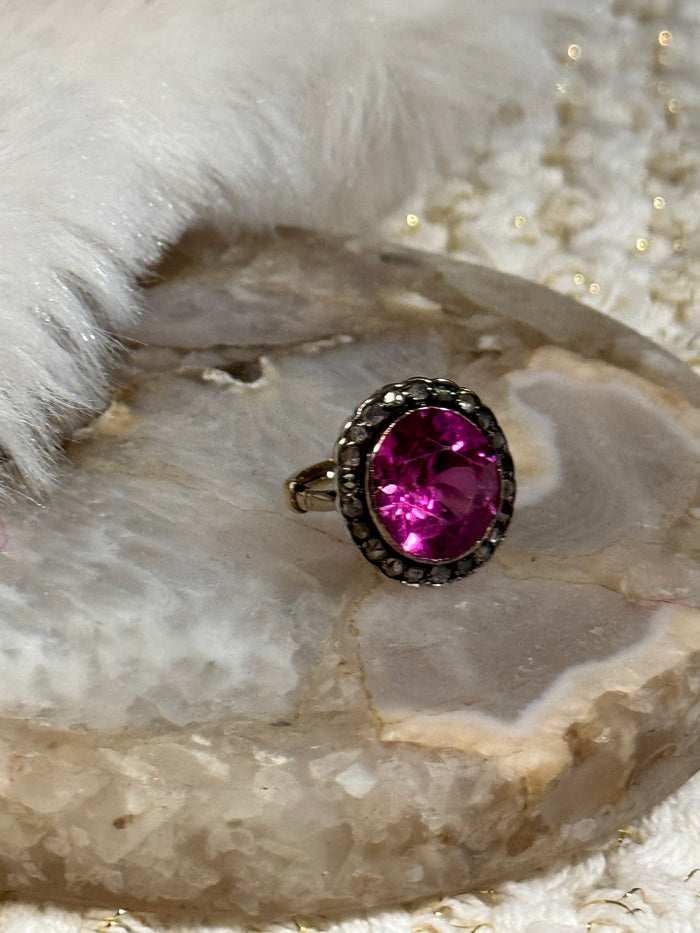 Antique Pink Gemstone and Diamond Cluster Ring - Size 5