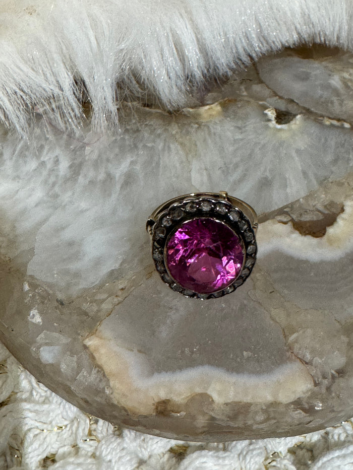 Antique Pink Gemstone and Diamond Cluster Ring - Size 5