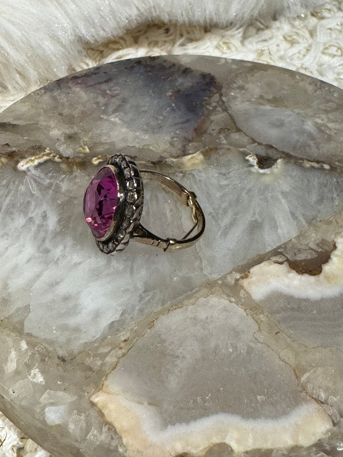 Antique Pink Gemstone and Diamond Cluster Ring - Size 5