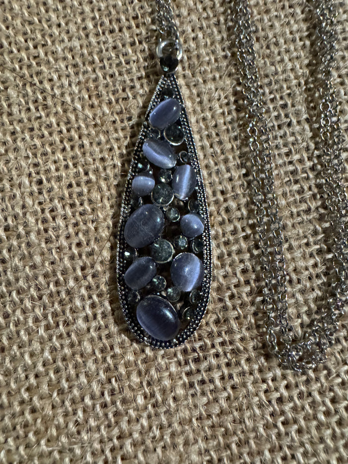 Antiqued Silver-Tone Tear-Drop Pendant Necklace with Purple Moonstones and Crystal Accent