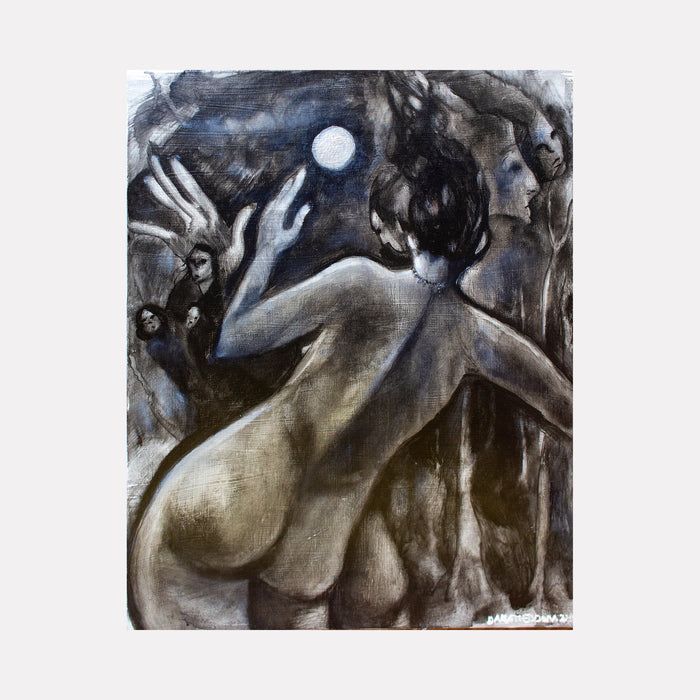 Artwork 'Are You a Dead Ghost or a Living Ghost' depicts ethereal figure in moonlit forest, painted in moody grays and blues by Dara Theodora