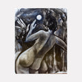 Artwork 'Are You a Dead Ghost or a Living Ghost' depicts ethereal figure in moonlit forest, painted in moody grays and blues by Dara Theodora