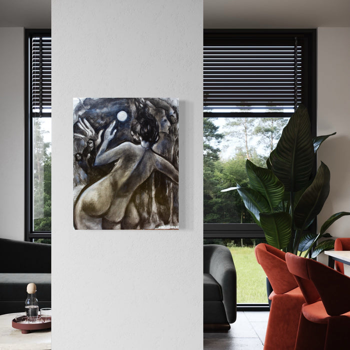 The artwork, Are You a Dead Ghost or a Living Ghost, by Dara Theodora, displayed in a room.
