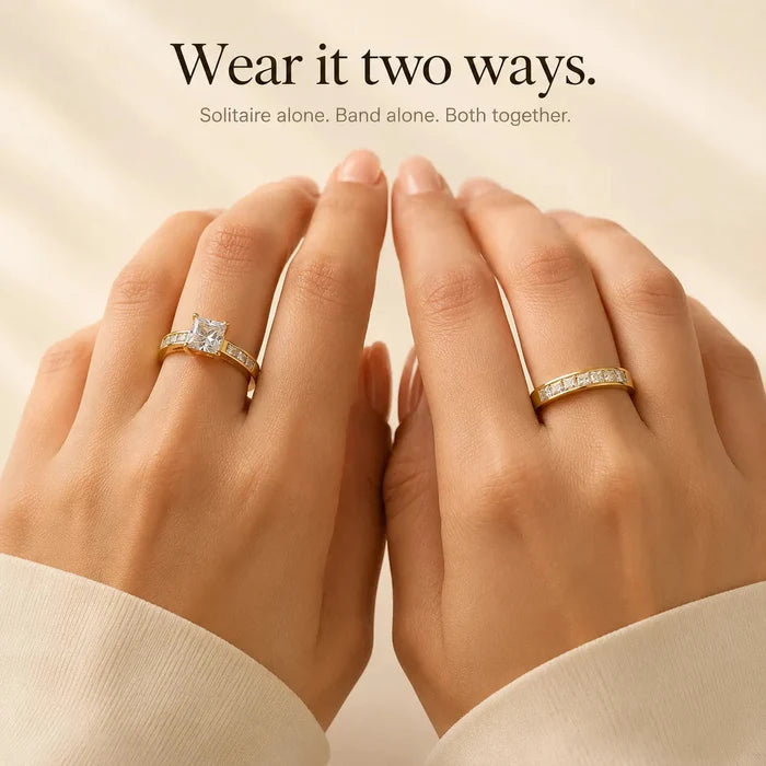 Aurelys – Matching 2-Piece Cubic Zirconia Ring Set, Princess-Cut Stackable Bridal Style, Gold or Silver Tone