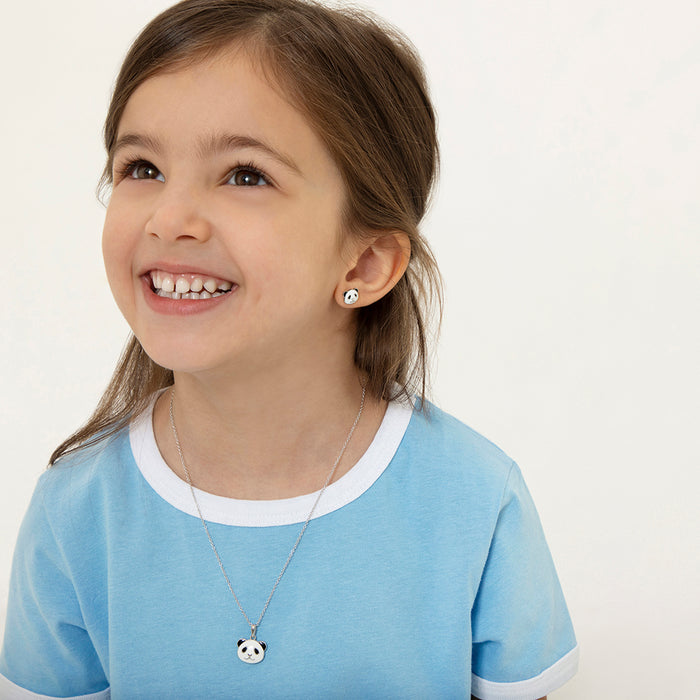 Baby Panda Toddler / Kids Earrings Screw Back Enamel - Sterling Silver