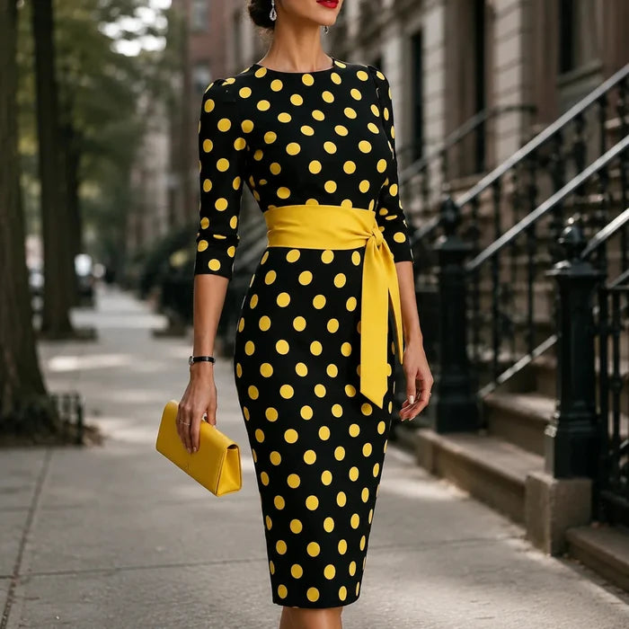 Belora – Retro Polka Dot Midi Dress with Belted Waist