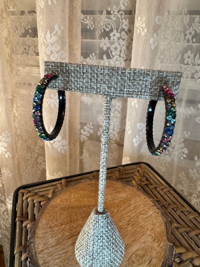 Black Hoop Statement Earrings – Multi-Color Crystal Accents