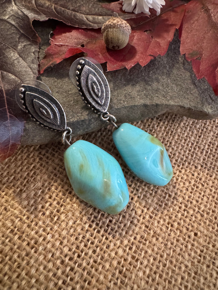 Blue-Green Turquoise Dangle Earrings - Silver-Tone Elegance