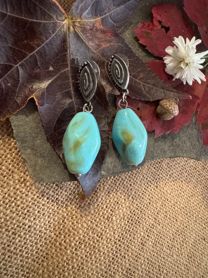 Blue-Green Turquoise Dangle Earrings - Silver-Tone Elegance