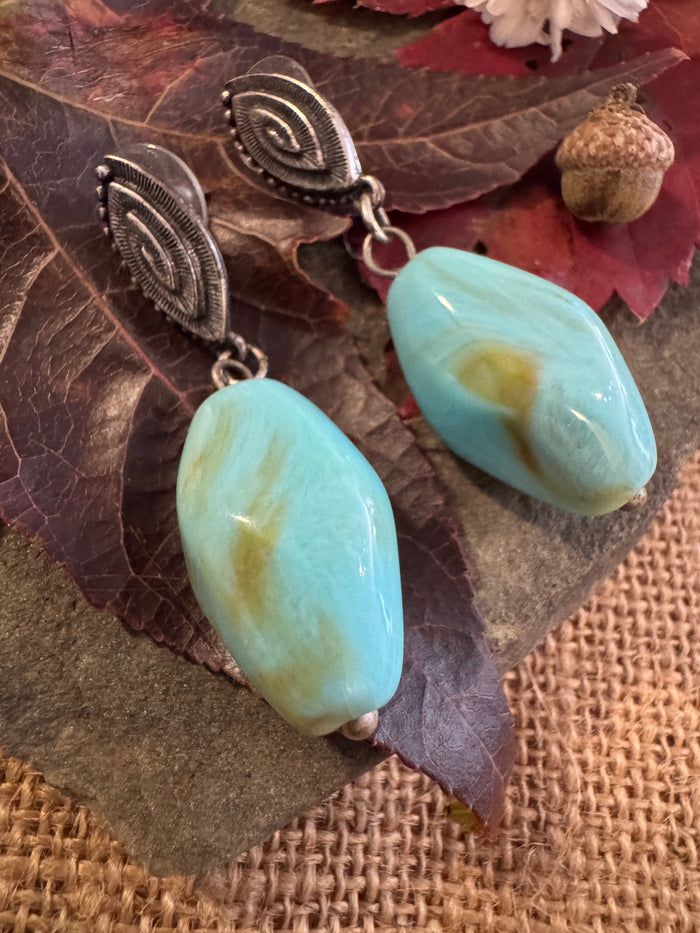 Blue-Green Turquoise Dangle Earrings - Silver-Tone Elegance