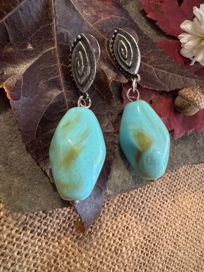 Blue-Green Turquoise Dangle Earrings - Silver-Tone Elegance