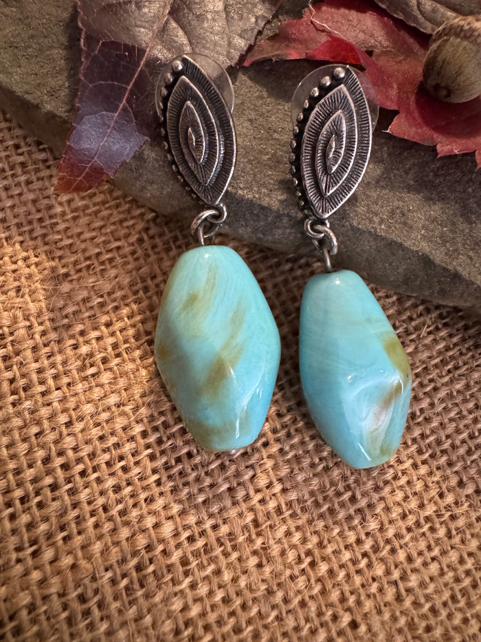 Blue-Green Turquoise Dangle Earrings - Silver-Tone Elegance