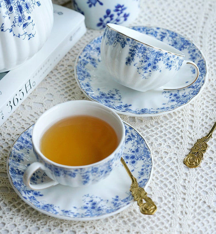 Blue Porcelain Tea Cup Saucer Set, British Royal Ceramic Cups for Traditional Afternoon Tea, Unique Blue Tea Cup and Saucer in Gift Box, Elegant Ceramic Coffee Cups-Paintingforhome
