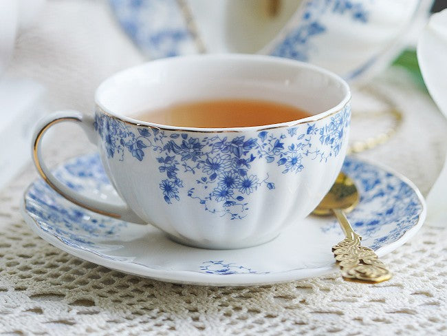 Blue Porcelain Tea Cup Saucer Set, British Royal Ceramic Cups for Traditional Afternoon Tea, Unique Blue Tea Cup and Saucer in Gift Box, Elegant Ceramic Coffee Cups-Paintingforhome