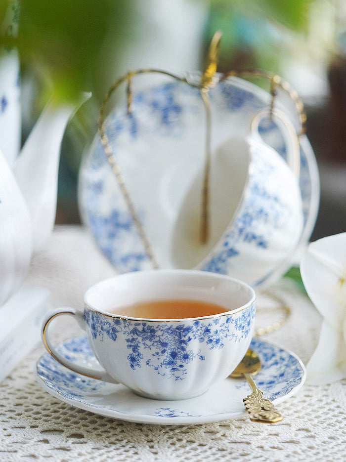 Blue Porcelain Tea Cup Saucer Set, British Royal Ceramic Cups for Traditional Afternoon Tea, Unique Blue Tea Cup and Saucer in Gift Box, Elegant Ceramic Coffee Cups-Paintingforhome