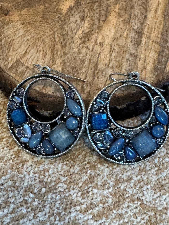 Blue Stone Crystal Dangle Hoop Earrings
