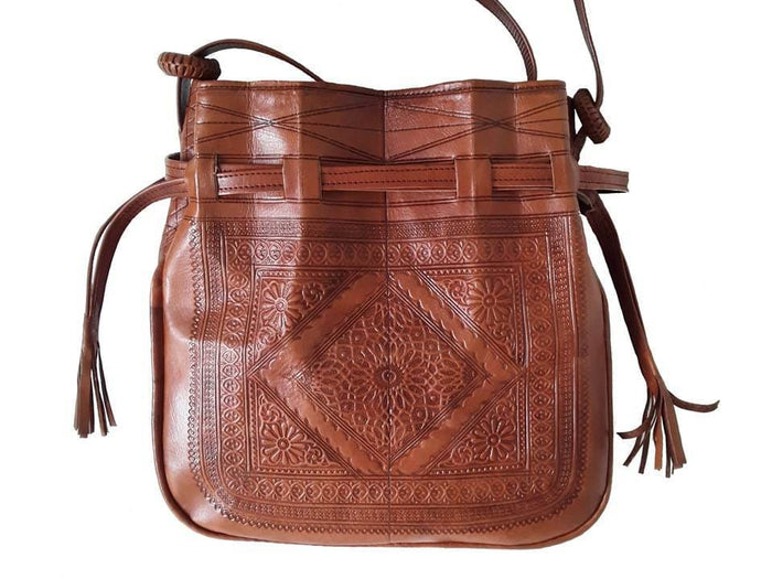 Bohemian Morocco Leather Bag - Embroidered - Caramel - Heritage Tote | Moroccan Corridor