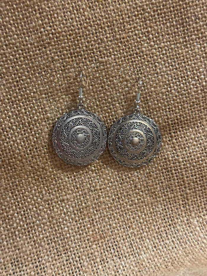 Bohemian Silver-Toned Filigree Medallion Dangle Earrings