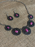 Boho Silver Necklace & Dangle Earring Set with Pink Stone Accents