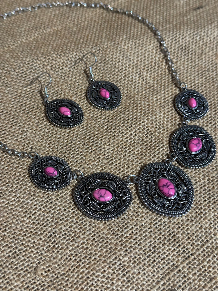 Boho Silver Necklace & Dangle Earring Set with Pink Stone Accents